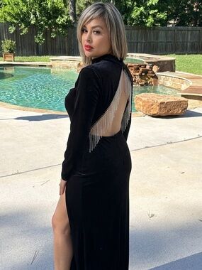 Sympony Black Velvet Long-Sleeve Evening Dress with Rhonestone Fringe Small